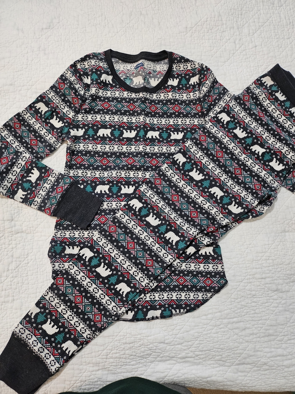 Old Navy Black Fair Isle Polar Bear Kids Pajama Set with Teal & Red Accents